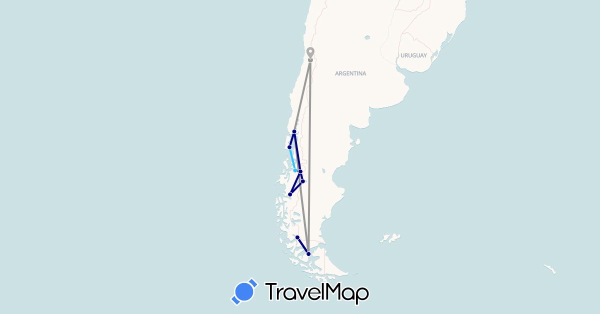 TravelMap itinerary: driving, plane, boat in Chile (South America)